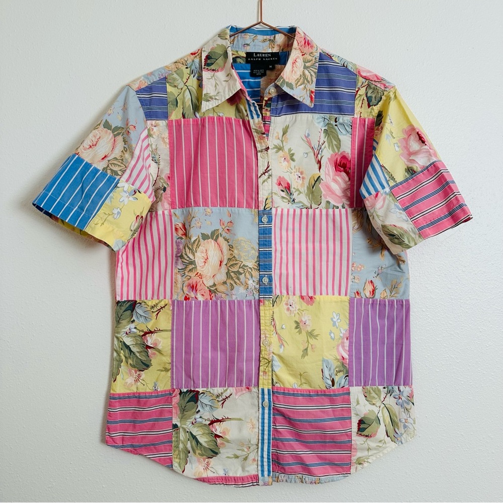 Vintage Ralph Lauren Patchwork Button-Up Shirt Floral Striped Boho - Picture 5 of 9